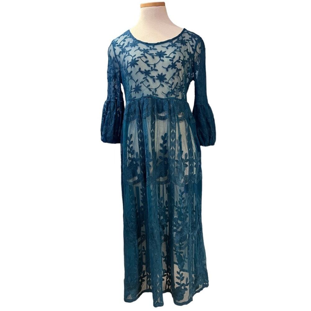 Suzanne Betro Sheer Unconventional Lace Midi Dress S Teal Floral Botanic Goth